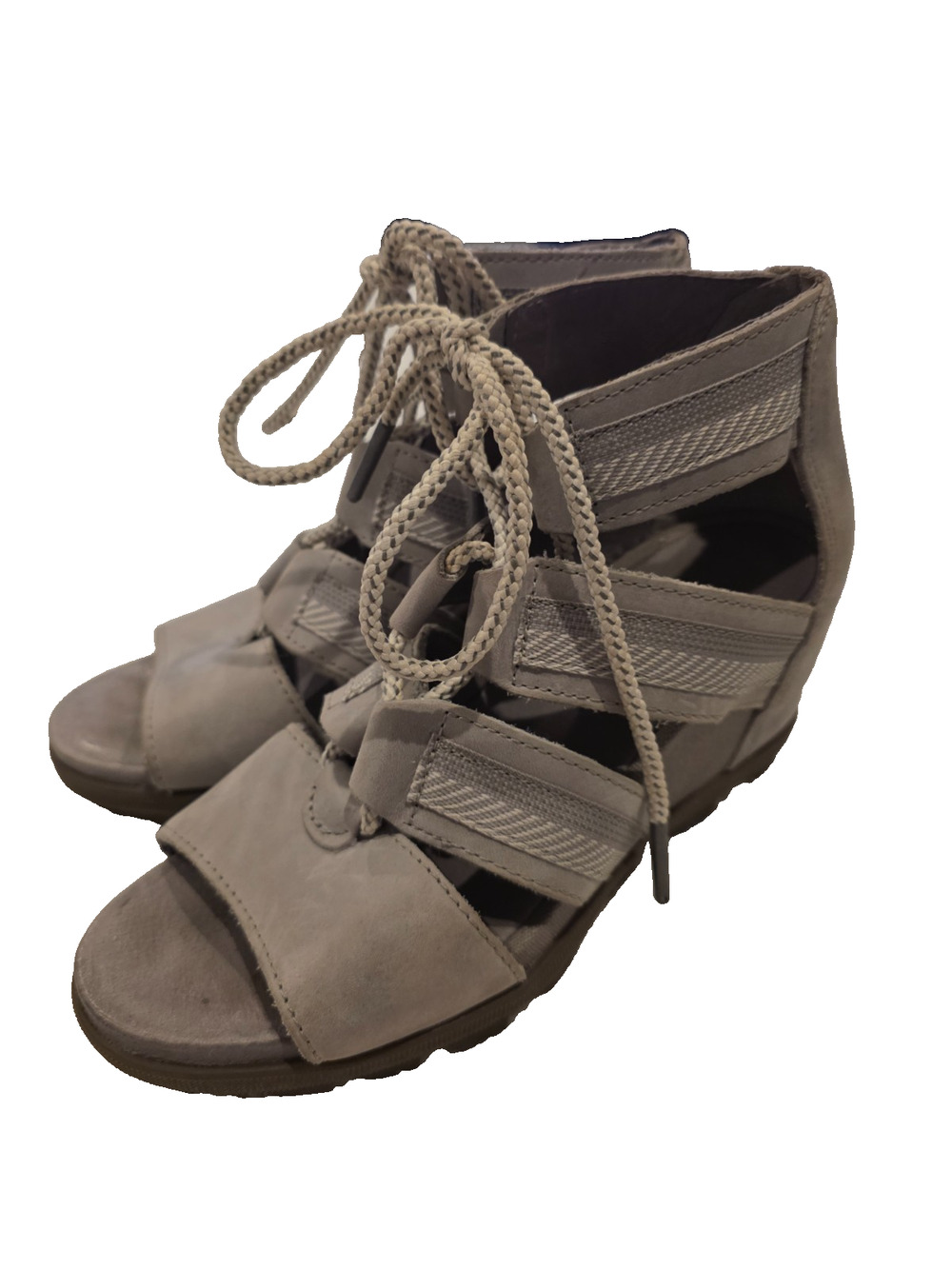 Sorel Joanie II Y2K Sandals Women 6.5 Ash Gray Wedge Leather Strappy Gladiator